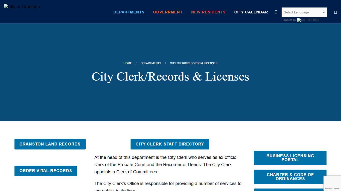 Cranston City Clerk City of Cranston Records & Licenses